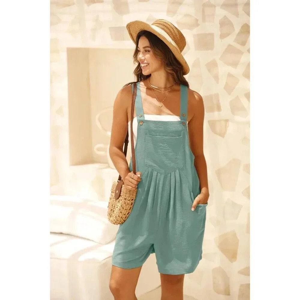 Women Green Rompers Summer Wide Leg Short Overalls Adjustable Strap Bib Jumpsuit - Picture 6 of 6